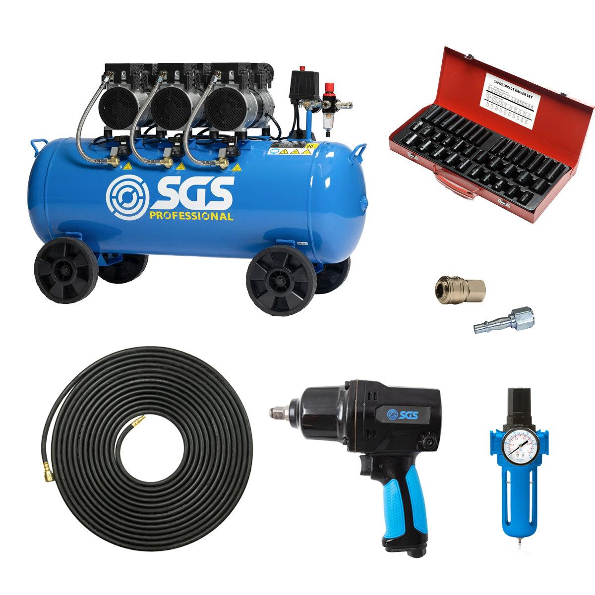 SGS 100 Litre Pro Silent Air Compressor With 880Nm Impact Wrench & 38pc Socket Set – 13.6CFM 3HP 100L